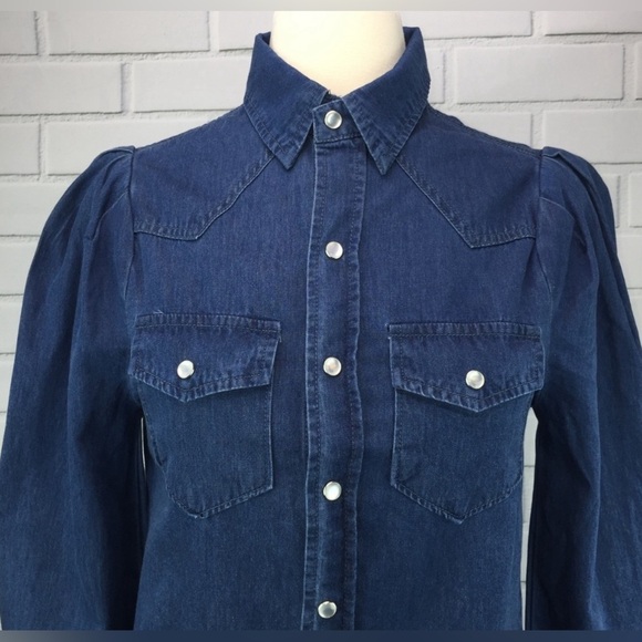 Torn by Ronny Kobo Denim Puff Sleeve Button Down in Dark Wash - Size S - Picture 5 of 8